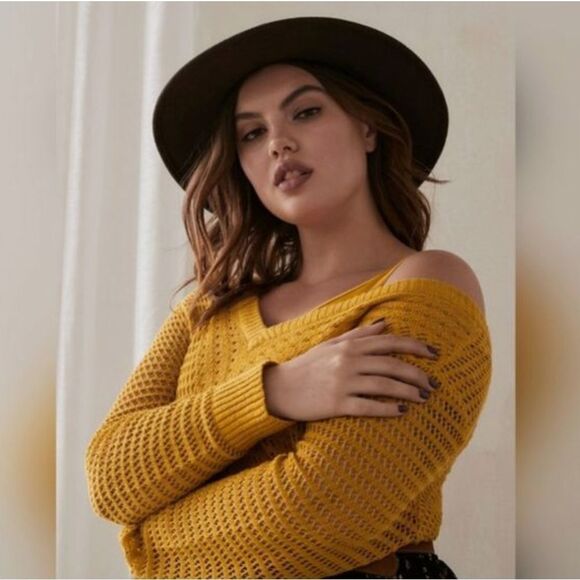 3/$30 EUC Addition Elle 2X Mustard Yellow Open Knit V-Neck and Back Long Sweater - Picture 1 of 9